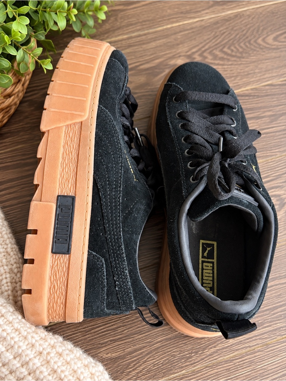 Puma Black Suede Platform Sneakers with Gum Sole 8